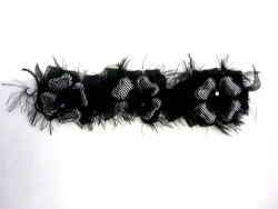 Blumenband Organza+Federn type 3/6cm (10 yard), Schwarz-Silber